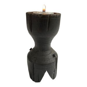 Antique 1900s Ebonised Wood Hand Carved Primitive Candle Holder